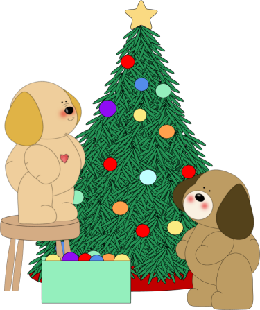dogs decorating christmas tree